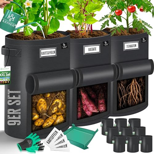 KESSER® Kartoffel-Pflanzsack 9-Set 27L | Kartoffel-Pflanzbeutel aus Vlies mit Namensschildern Pflanztasche mit Fenster & Griffen | Kartoffelpflanzgefäß waschbar mit Handschuhen & Arbeitsmatte Schwarz