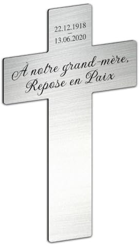Placa grabada funeraria personalizable en forma de cruz cristiana, autoadhesiva, formato 11,6 x 19 cm, color aluminio cepillado
