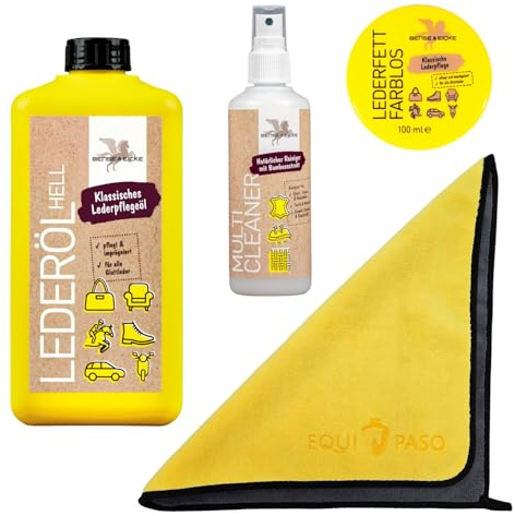EQUIPASO Premium Lederpflege Set | B&E Lederöl 1 Liter hell + B&E Lederfett farblos 100 ml + B&E Multi Cleaner 95 ml + Premium Mikrofasertuch | reinigt & pflegt Sättel, Zaumzeug