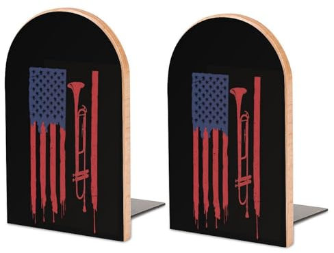Posaune, amerikanische Flagge, 2 Stück, Buchstützen aus Holz, Buchstützen für Regale, rutschfeste Buchstützen für Büro, Zuhause, Küche, Buchstützen zum Halten von Büchern, 17 x 11,9 cm