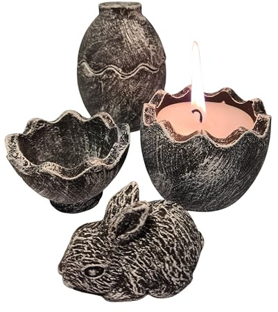 Generisch Ostern Deko, Ostereikerze &Osterhase Figur,2er Set Osterdeko, handbemalt, detailreich gestaltet, aus Beton in Schwarz-Weiß
