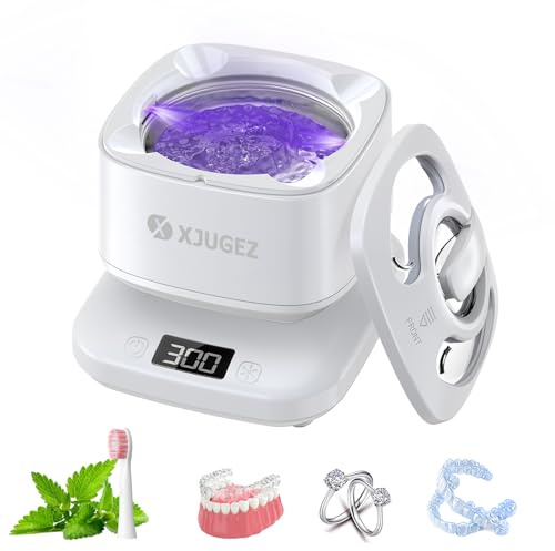 XJUGEZ Ultrasonic Retainer Cleaner, 42kHz with UV Ultrasonic Cleaner 180ML Ultrasonic Cleaner Machine for Dentures, Retainer, Aligner, Mouth Guard, Toothbrush Head and Jewelry, White