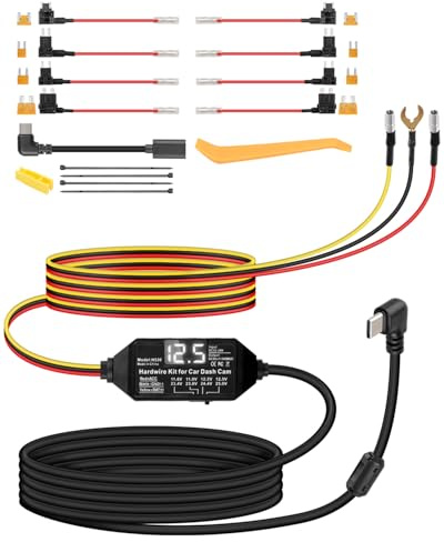 YANBORONSN Dash Cam Hardwire Kit with Multi Size Fuse,12V-24V to 5V/3A USB C Dash Camera Hardwire Kit with Digital Display and Low Voltage Protection,Pry Tool,ACC Mode,for Dash Camera(3.5M/11.4FT)