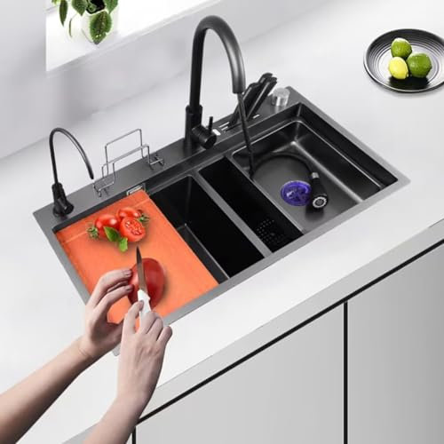 Aioneer Évier De Cuisine Double, Lavabo pour Lave-Vaisselle, Évier De Poste De Travail avec Robinet Extractible Et Évacuation, Montage par Le Haut Ou sous Le Plan-82-46cm Black-Grey