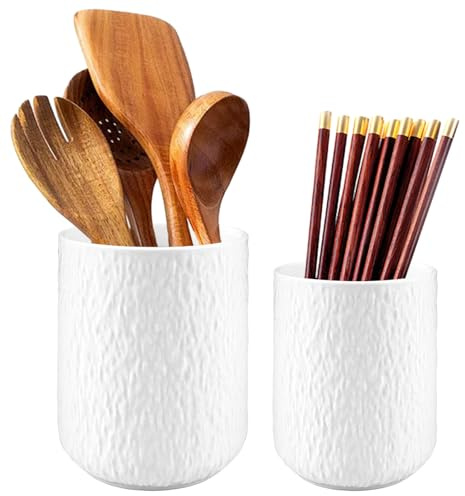 LOLYSIC 2 Stück Küchenutensilienhalter, Keramik Utensilienhalter Küche, Utensil Holder Behälter für Küchenutensilien Aufbewahrung Weiß für Küchenarbeitsplatte Lagerung ( 10 x 13.4CM,12 x 16CM )