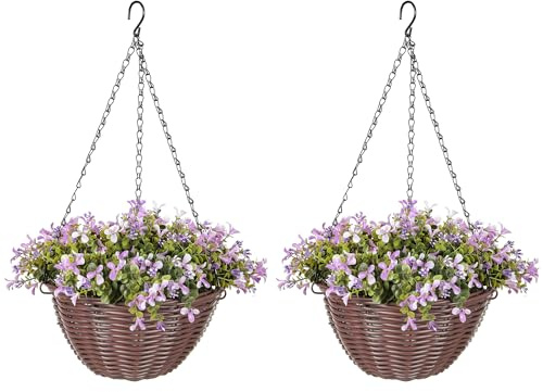 HOMCOM Artificial Flowers in Basket Set of 2, 75 Leaves 15 Flowers, Purple | Artificial Hanging Baskets, in Pot, Decorative Plant, for Home Office Decor