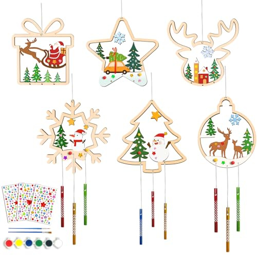 Happirra Weihnachten Bastelset Kinder DIY Windspiel – 12 Holzanhänger mit 6 Motiven, Weihnachtsanhänger Basteln ab 4 5 6 7 8 9 Jahre, Weihnachtsbasteln mit Kindern, Holz Weihnachtsdeko zum Bemalen