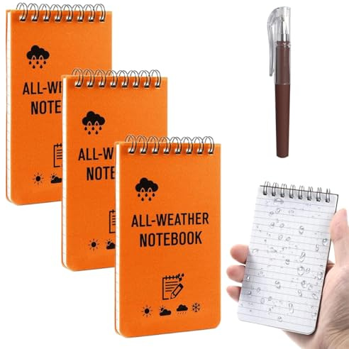 Ayicheyl 3 Stück Wasserdicht Notizbuch Klein, A7 Mini Wasserdichtes Notizblock mit Stift, Pocket Notebook Wasserfestes Spiralbindung Notebook Kleine 50 Blatt für Reisen,Schule,Arbeit (Orange)