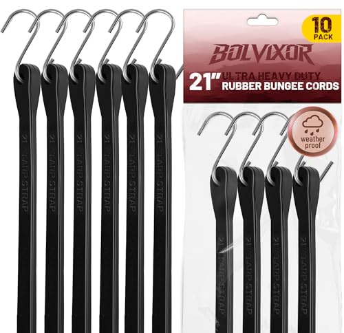 Bolvixor Bungee Cords with Hooks (10 Pack) – 21 Heavy Duty EPDM Rubber Tarp Straps, Max Stretch 2X, Load 180+ LBS, Crimped S Hooks for Cargo, Trucks, Camping, Outdoor Use