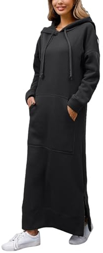 PODOLIXIA Sweat à capuche pour femme - Pull avec capuche - Automne et hiver - Chaud - Sweatshirt - Manches longues - Pull décontracté - Maxi robe longue avec poches, Noir , XL
