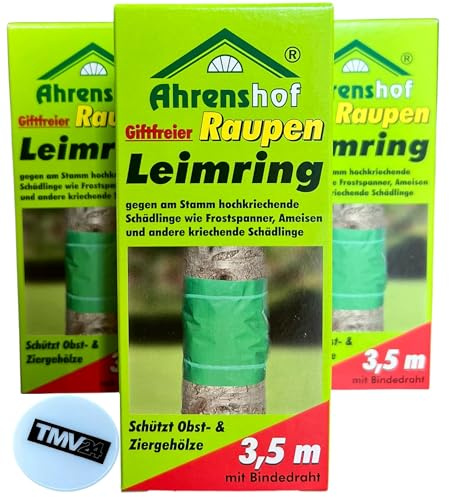 3X Raupen-Leimringe für Obstbäume, je 3,5 m, stark klebend, Baumschutz gegen Frostspanner & Ameisen, Leimring Grün mit Bindedraht, wasserfest + TMV24 Einkaufswagenchip