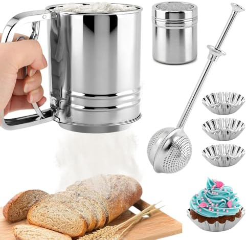 Flour Sifter, 4 in 1 Stainless Steel Baking Sifter with Powder Sugar Shaker Duster 3 Cup Double Layer Fine Mesh Sifter for Cakes, Pastries, Pies, Cupcakes and Desserts(COLOR:sliver)