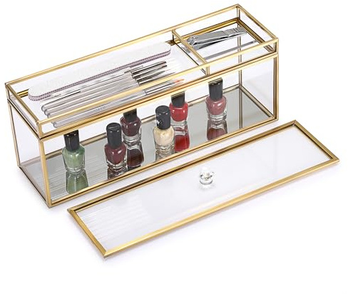 SUMTree Maniküre Werkzeug Organizer Glas Aufbewahrungsbox mit Tablett Nail Polish Storage Box Transparent Nagelkunst Behälter für Nagellack, Nagelfeilen, Nagelscheren, Raspelfeilen, Nageldesign