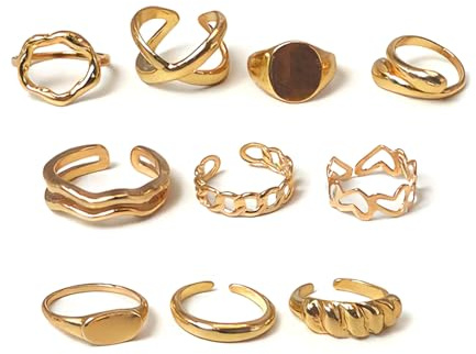 10 Stück Goldfarbene Chunky Ringe für Frauen Edelstahl Verstellbare Stapelringe Set Dicke Dome Zopf Twist Design Trendige Knöchel und Daumen Ringe Schmuck Kollektion