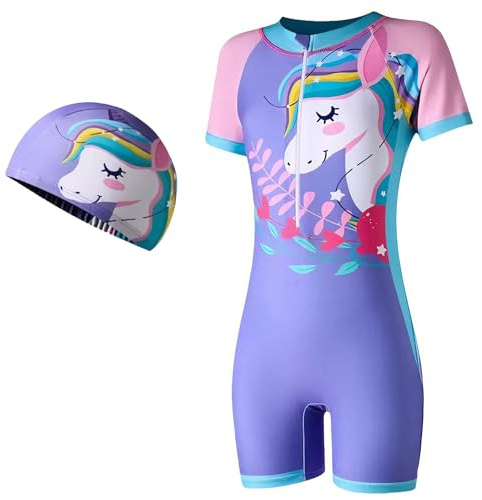 ADUDVLO Boys and Girls Swimming Costume with Front Zipper & Swim Cap – Cartoon One Piece Bathing Suit for Kids Ages 4–10, Stretchy Swimwear
