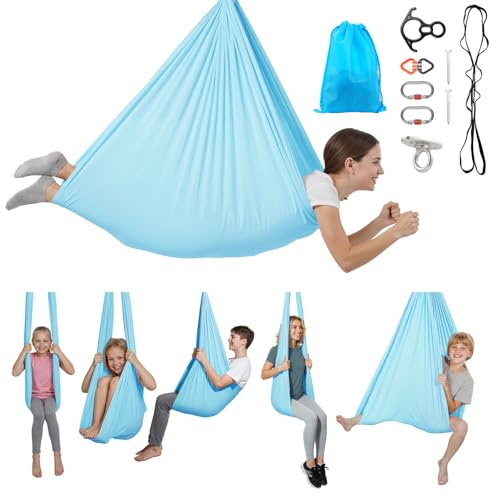 VEVOR Sensory Swing for Kids & Adults, Maximum 300 lbs Load Aerial Silk, Indoor & Outdoor Double Layer Therapy Cuddle Swing with 360° Swivel Hanger, Calming Compression Therapy Swing, Light Blue