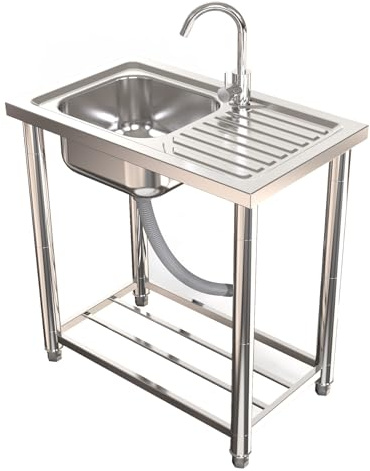 Lavabo Cucina 1 Vasca, Lavandino in Acciaio Inox Esterno con Rubinetto Lavandino Commerciale Lavelli Autoportante Lavello di Utilità Lavabo Lavamani Industriale Garage 60X45cm