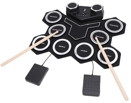 Keenso E-Drum-Set, Elektronisches Schlagzeug, 2 Pedale, 2 Sticks, Handrolle, Silikon-Drum-Pad, MIDI-Übungs-Kit, Eingebaute Dual-Lautsprecher
