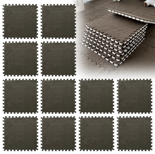 LUPATDY 12 Pièces Tapis Puzzle, Dalle Mousse, Carreaux de Sol Emboîtables en Peluche, Tapis Mousse Chambre Enfant, pour Salon et Chambre à Coucher, 30 x 30 cm - Marron Foncé
