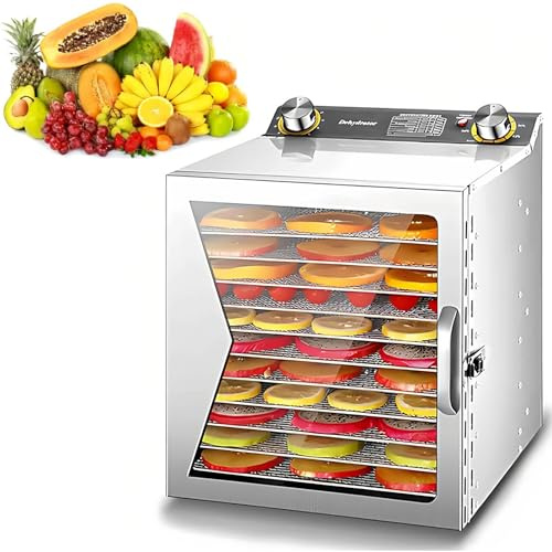 TUPOSTAR Deshidratador De Alimentos Comercial, Deshidratador De 18 Bandejas De Gran Capacidad, Secador Industrial De Acero Inoxidable De 800 W, para Frutas, Hierbas Y Carne,Plata,12 Tray