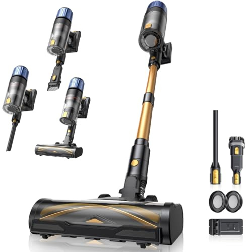 Proscenic P15+ Cordless Vacuum Cleaner, Powerful 600W/55Kpa 70Mins Self-Standing Cordless Hoover with Wall Mount, Anti-Tangled Rechargeable Lightweight Stick Vacuum for All Floor Carpets (Golden)