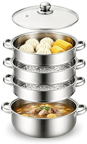 BOYIFEIJIE 28 cm ångkokare med ångkokningsinsats, 3/4-hyllkokare med lock, rostfri gryta, pastagryta med sil för matlagning av grönsaker, skaldjur, soppor, grytor och nudlar (äger)
