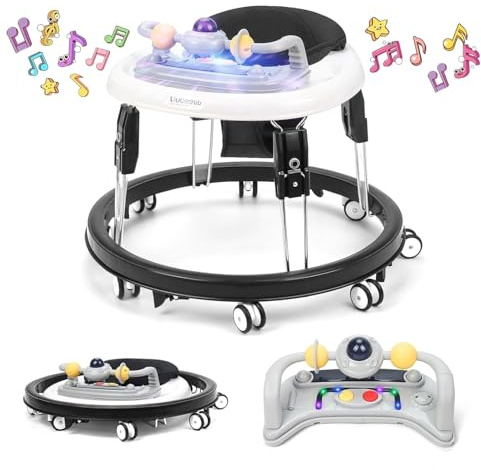 Baby Lauflernhilfe mit Musik und Lichtern, Faltbare Lauflernwagen mit Aktivitätscenter, 7-Gang Höhenverstellung, Anti-Collision Design, Abnehmbarer Platte, Baby Walker von 6-18 Monaten (Schwarz-Musik)