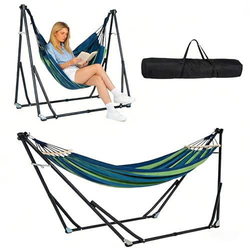 soges 2 in 1 Portable Hammock and Swinging Chair with Stand, Heavy Duty 440lbs Capacity Outdoor Indoor Freestanding Hammock, Foldable Swing Chair with Stand for Camping Patio Garden, Green Striped