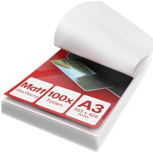 ACROPAQ Laminierfolien A3 matt - Packung mit 100 Laminierfolien, 2×100 (200) Mikron, blendfrei, mit Fingerabdruckschutz, vorgerundete Ecken - Laminierfolie matt