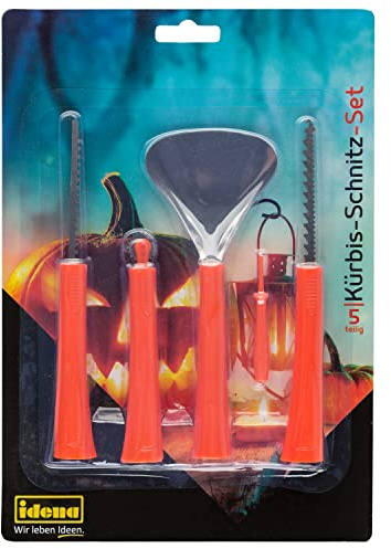 Idena 38214 - Kürbis Schnitzset für Kinder, bestehend aus Schaufel, 2 Sägen, Rollmesser und Schaber, ideal zum Aushöhlen und Gestalten von Halloween Kürbissen