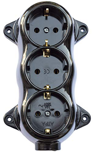 Prise FEST rétro - 3 prises - 16 A - 250 V - Montage en saillie - Laiton épais - Noir - Aspect bakélite - Aspect ancien