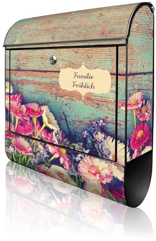 banjado Design Briefkasten personalisiert 38,5x46,5x13cm & 2 Schlüssel - Briefkasten Stahl Schwarz Zeitungsfach pulverbeschichtet - Postkasten A4 Einwurf inkl. Montagematerial - Motiv Blumenpfücken
