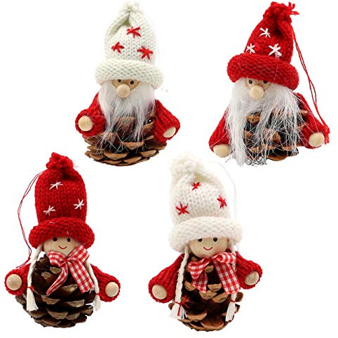 ***Dekohelden24 Strick-/ Holz Püppchen/Santa als Baumbehang/Anhänger im 4er Set, Größe je Figur ca. 7,5 x 7,5 x 10 cm.
