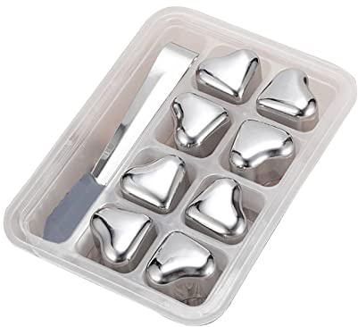 RSTYS 8 Stück herzförmige Whisky-Steine, Edelstahl-Eiswürfel, Kühlstein mit Silikonklammern, Eisstein, cooles Whisky-Geschenk-Set für Wein