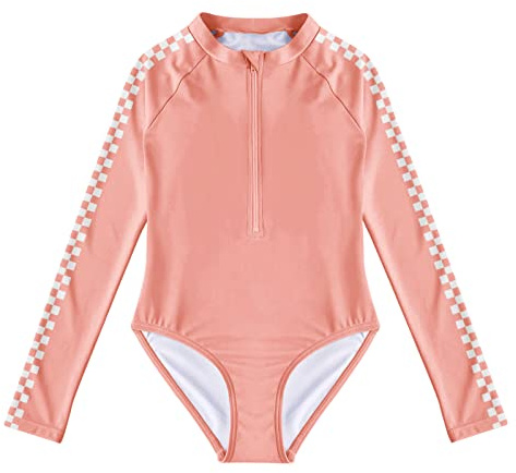 Girls One Piece Rash Guards Swimsuits Cute Plaid Long Sleeve Water Sport Beachwear Bathing Suit Pink