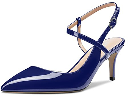 HDEUOLM Zapatos de Mujer de Tacón Medio Slingback Gatito Heel Punta Puntiaguada Sandalias Mid Heels Pumps Azul Charol 37 EU