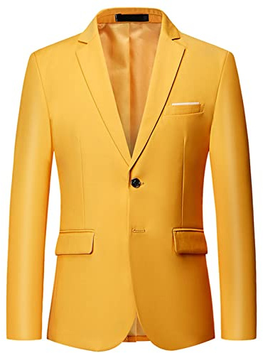 Men's Slim Fit Lightweight Suit Jacket Business Blazer Solid Color 2 Button Casual Sports Coats Daily Wedding Party, Yellow, L