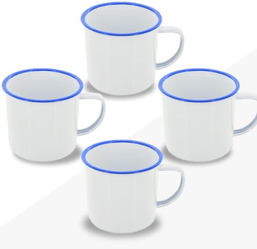 FUN FAN LINE 4er-Set Retro-Emaillebecher - Farbe Weiß mit Rand Blau | Vintage-Becher mit 380 ml für Kaffee, Tee und Kakao - Schöne Geschenkidee