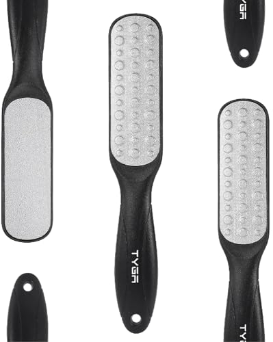 TYGA Double-Sided Foot File, Coarse & Fine, Dry & Wet, Stainless Steel, Pedicure Care Tool, Callus Remover for Feet, Multidirectional Nickel, Hard Skin Removal, Washable, Spa and Skin Care (Black)