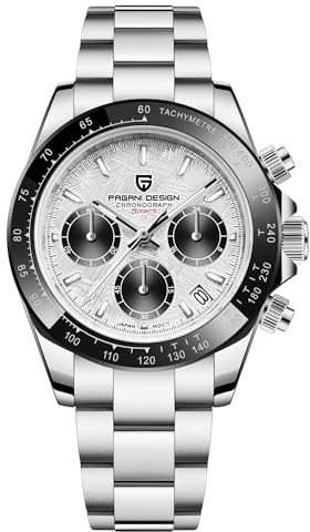 Pagani Design Herren-Quarzuhr mit einfachem Chronographencode, wasserdicht, Keramik und Edelstahl(Silber Weiß GY)