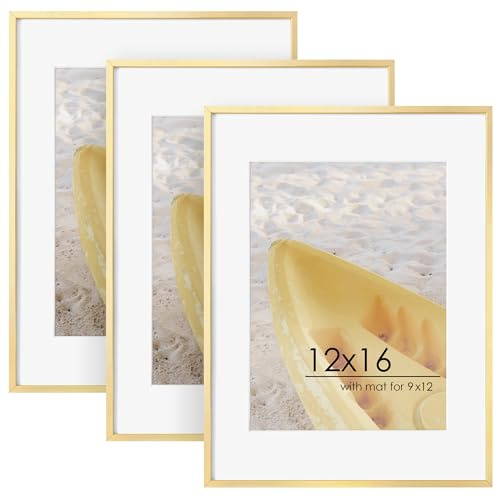 FLYJOE 12x16 Metal Picture Frame For Wall With Mat For 9x12, 12''x16'' Aluminum Certificate Document Frames With Tempered Glass, Minimalist Modern Poster Frame Horizontally Vertically Set of 3, Gold