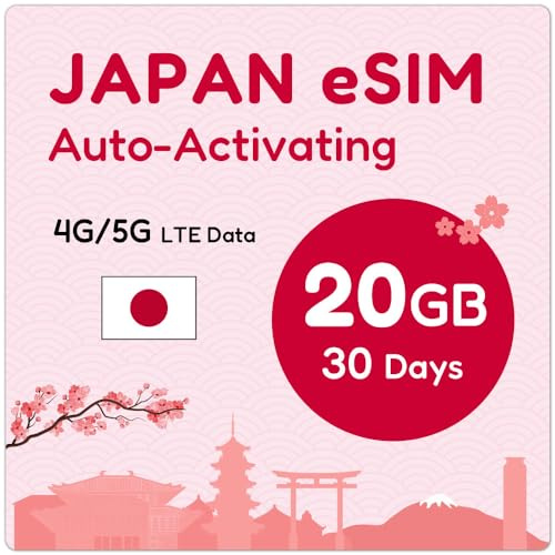 Japan eSIM 30 Tage 20 GB | Automatische Aktivierung | 5G DOCOMO Netzwerk mit Tethering/Hotspot/Internet Sharing