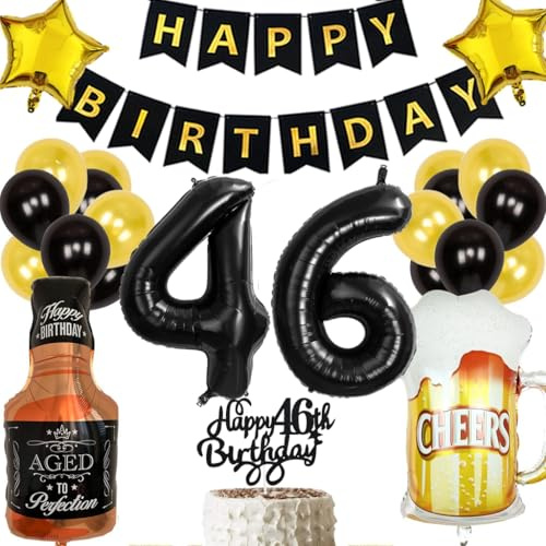 Anlgdi Geburtstagsdeko 46 Jahre Mann Frau, Ballon 46. Geburtstag Deko Männer, Schwarz Tortendeko Geburtstag 46 Jahre Mann, Helium Ballon Whiskey Bierglas für 46. Geburtstags Männer Party Dekoration
