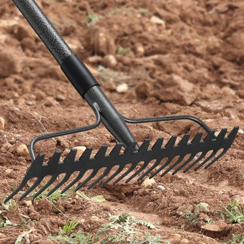 JAOTREL 60'' Heavy Duty Garden Rake with Stainless Steel Handle, Metal Head for Loosening Soil, Gathering Leaves, Leveling Lawns