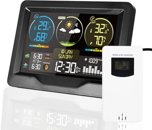 ALLOMN Weather Station with Outdoor Indoor Sensor, Wireless LCD Display Digital Weather Station, Auto Adjustable Brightness, Dual Alarm Clock, Barometer, Temperature, Humidity, Weather Forecast