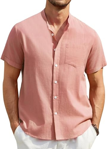 Enlision Uomo Camicia in Lino Manica Corta con Bottoni Casual Cotone Henley Shirt in Tinta Unita Camicia da Uomo per Estiva Beach Spiaggia S-4XL