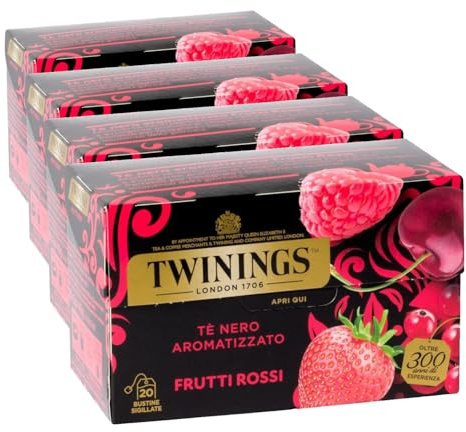 Twinings Tè Nero Aromatizzato ai Quattro Frutti Rossi, Gusto Morbido, Confezione da 80 Filtri