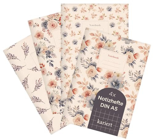 etmamu 1069 4er-Set Notizheft A5 | Blumen Muster Aquarell Rosen Zweige | für Notizen, Skizzen, Bullet Journal & Planungen | Kariert