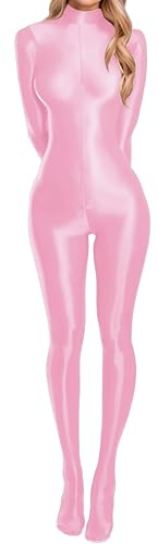 FEOYA Women’s Shiny Bodysuit Glossy Sheer Long Sleeve Jumpsuit Costume Cosplay Long Sleeve Catsuit Romper Outfit for Club Party Pink