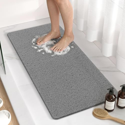 HITSLAM Bath Mat Non Slip Anti Mould, 88 x 40 cm Long Soft PVC Loofah Shower Mat for Inside Shower, Bathtub Mat without Suction Cups, Quick Drying Bath Tub Mat for Bathroom, Easy to Clean, Grey